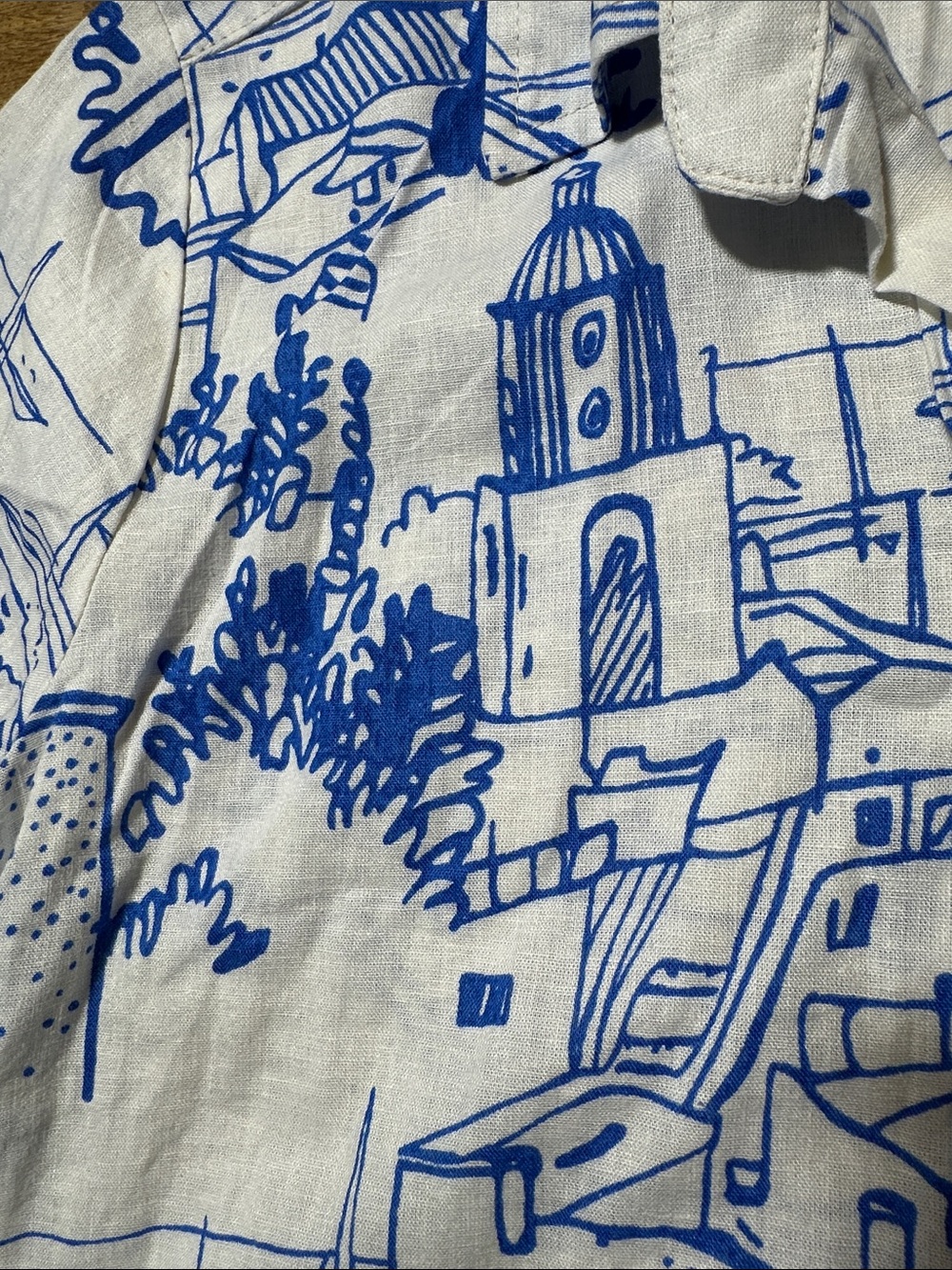 Calypso St. Barth White Button-Up Crop Shirt with Blue Scenic Print Size Medium - Picture 4 of 10